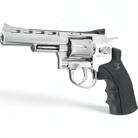 id-paintball Legends S40 CO2-Revolver in Silber mit 4-Zoll-Lauf, Vollmetallgehäuse und schwarzem ergonomischem Griff
