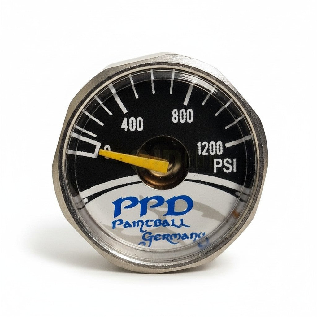 id-paintball Manometer 0-1200 PSI mit schwarzem Zifferblatt und gelbem Zeiger für Paintball-Regulatoren