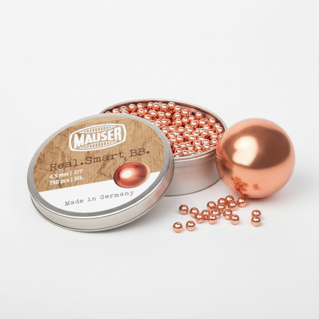 id-paintball Mauser Real Smart BB Blei-Rundkugeln 4,5mm verkupfert in Metalldose mit einer großen Kugel