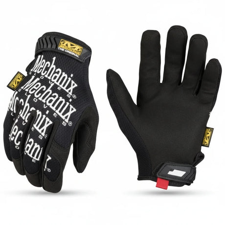 id-paintball Mechanix The Original Handschuhe in Schwarz mit weissem Logo, atmungsaktivem Handrücken und Klettverschluss.