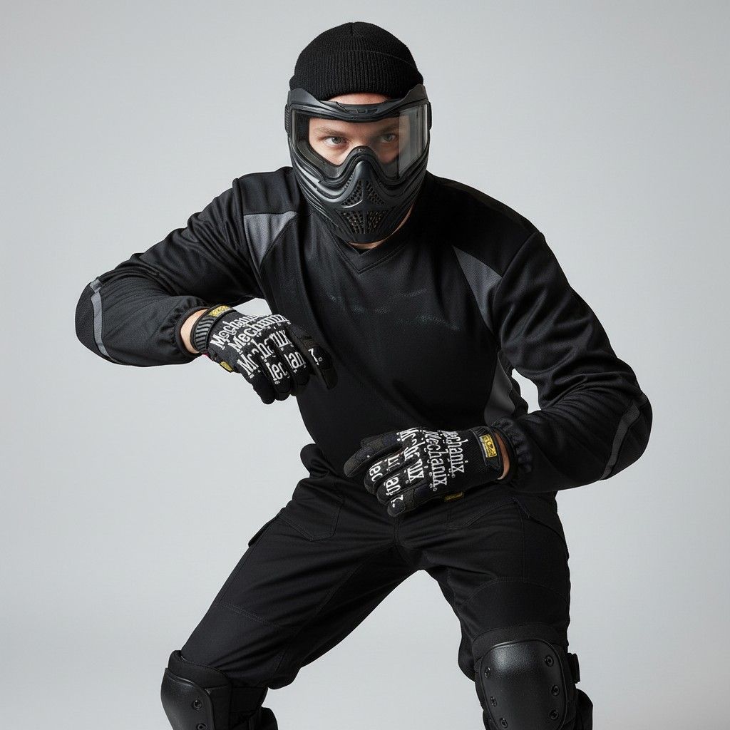 id-paintball Mechanix The Original Einsatzhandschuhe in Schwarz mit weissem Logo, getragen von einem Paintball-Spieler.