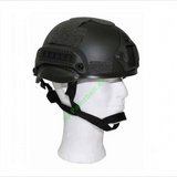 id-paintball MICH 2002 Deko-Helm aus schwarzem ABS-Kunststoff mit seitlichen Rails und Klettflächen auf einem Kopfmodell