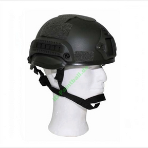 id-paintball MICH 2002 Deko-Helm aus schwarzem ABS-Kunststoff mit seitlichen Rails und Klettflächen auf einem Kopfmodell