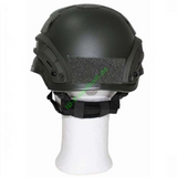 id-paintball MICH 2002 Deko-Helm in Schwarz mit seitlichen Rails und Klettflächen auf einem Kopf-Display