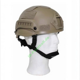 id-paintball MICH 2002 Deko-Helm in Tan aus ABS-Kunststoff mit seitlichen Rails und Klettflächen auf einem Kopfmodell