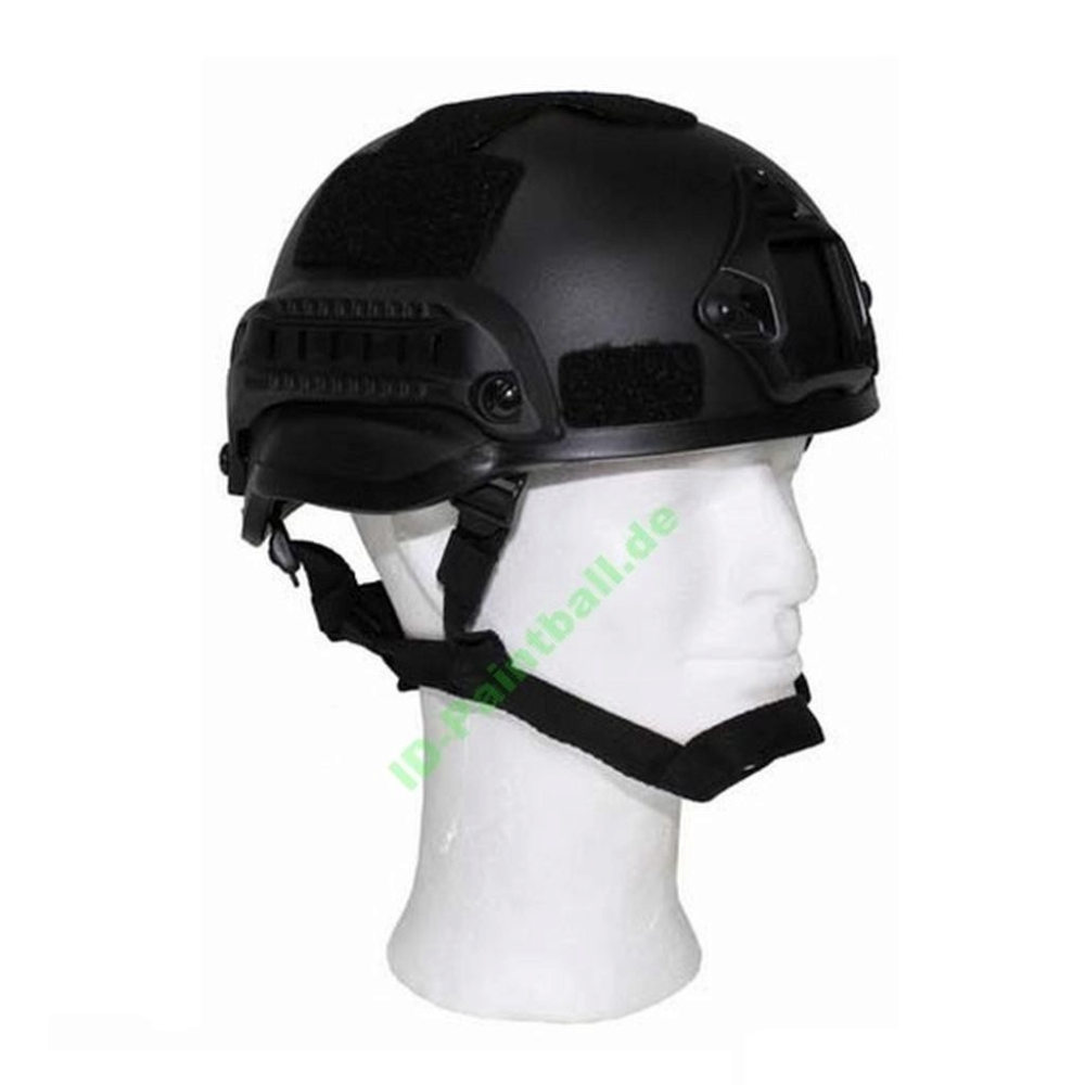 id-paintball MICH 2002 Deko-Helm aus schwarzem ABS-Kunststoff mit seitlichen Rails und Klettflächen auf einem Kopf