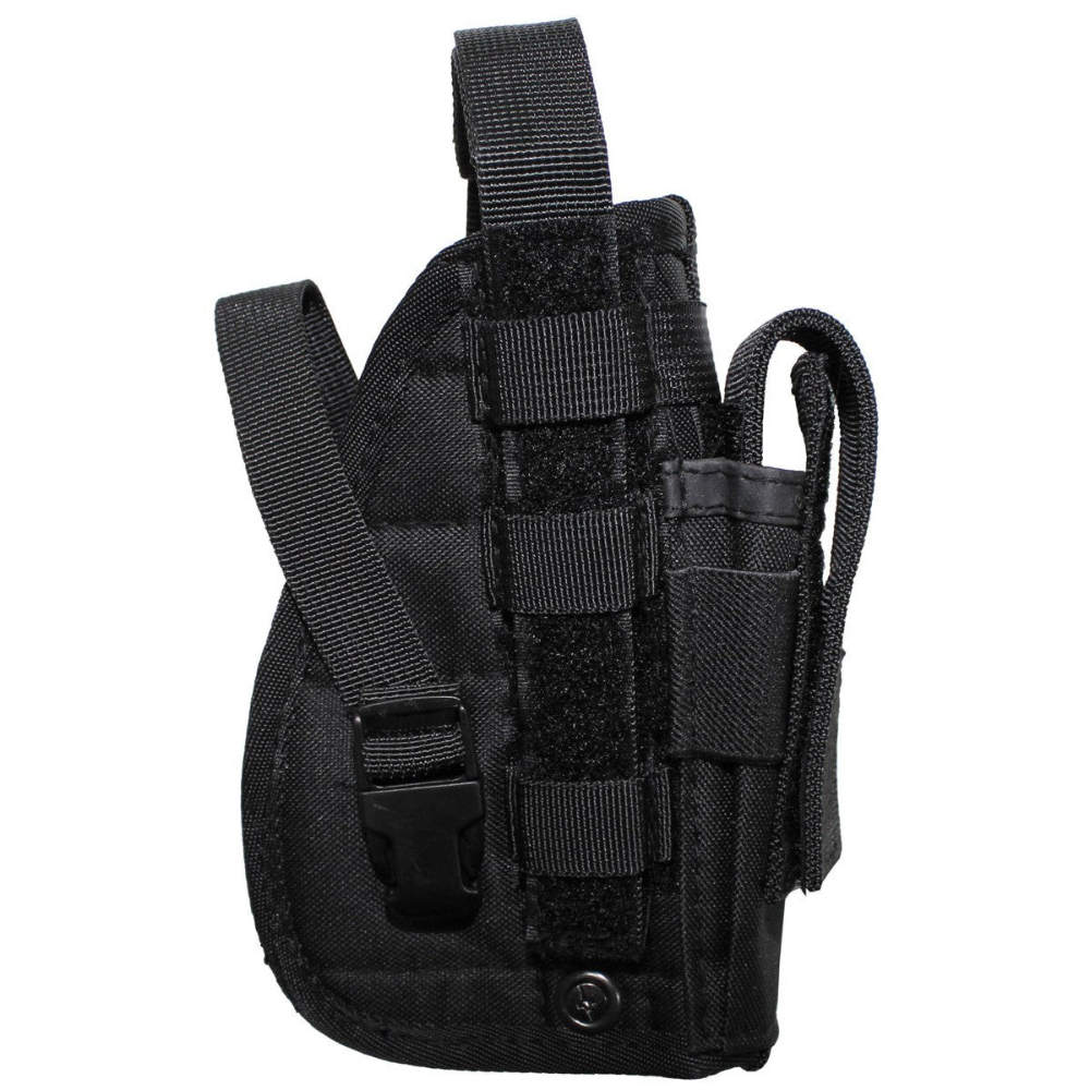 id-paintball Pistolenholster aus schwarzem Polyester mit Molle-System, Magazintasche und verstellbarem Sicherungsriemen