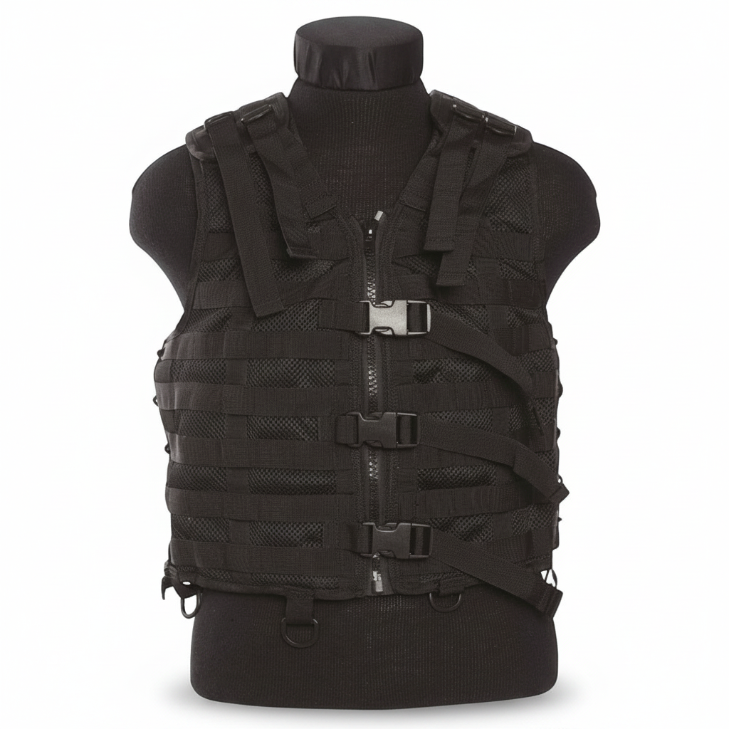 id-paintball Molle Trägerweste in Schwarz mit Mesh-System, Frontreißverschluss, verstellbaren Schnallen und D-Ringen.