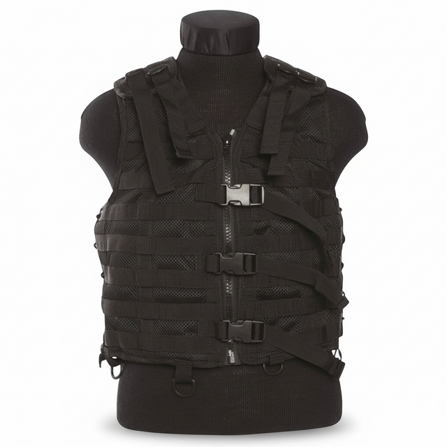 id-paintball Molle Trägerweste in Schwarz mit Mesh-System, Frontreißverschluss, verstellbaren Schnallen und D-Ringen.