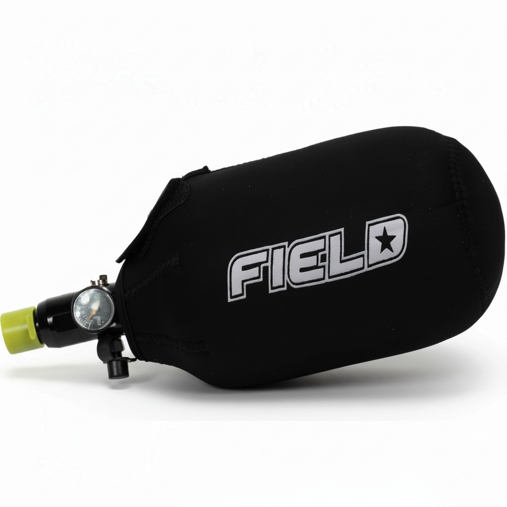 id-paintball Neopren Flaschencover in Schwarz mit weißem Field Logo für Paintball Druckluftflaschen