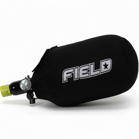 id-paintball Neopren Flaschencover in Schwarz mit weißem Field Logo für Paintball Druckluftflaschen