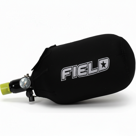 id-paintball Neopren Flaschencover in Schwarz mit weißem Field Logo für Paintball Druckluftflaschen