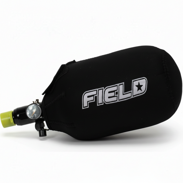 id-paintball Neopren Flaschencover in Schwarz mit weißem Field Logo für Paintball Druckluftflaschen