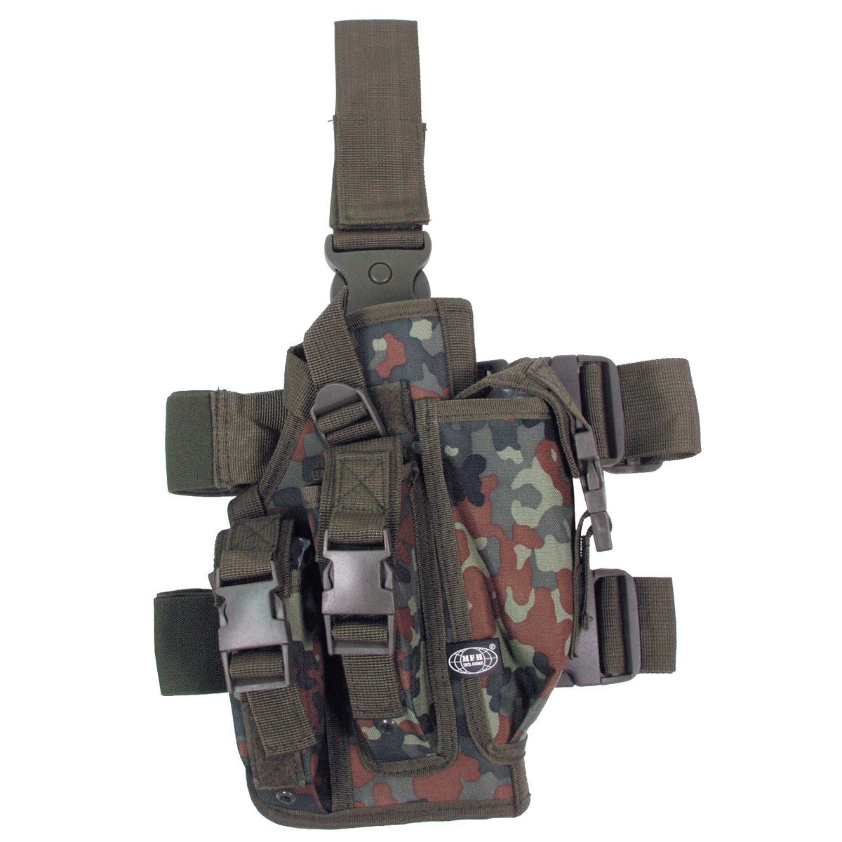 id-paintball Oberschenkelholster in Flecktarn aus Polyester mit Magazintasche, Beingurten und verstellbarem Sicherungsriemen