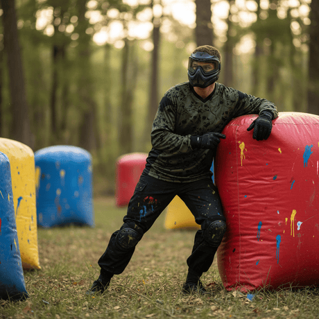 id-paintball Spieler in olivgrünem The Skulls Jersey mit Schutzpolsterung auf einem Paintballfeld im Wald