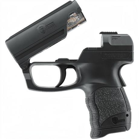 id-paintball P2P PGS I Personal Defense Pistol in Schwarz mit geöffnetem Kipplaufsystem und Pfefferspraykartusche