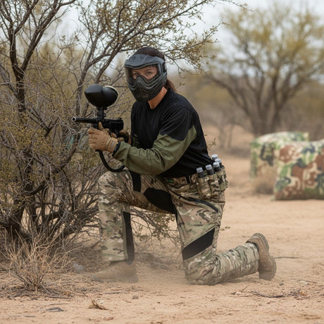 id-paintball Paintball Hose Desert Camo 3.0 mit verstärkten Knien und Wüstentarnmuster bei einem Paintball-Spiel