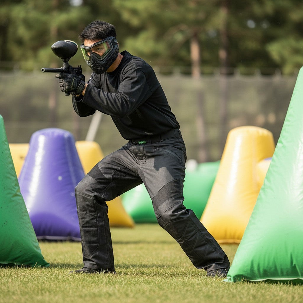 id-paintball Paintball Hose Schwarz 2.0 mit Kniepolstern an einem Spieler auf einem Paintball-Feld