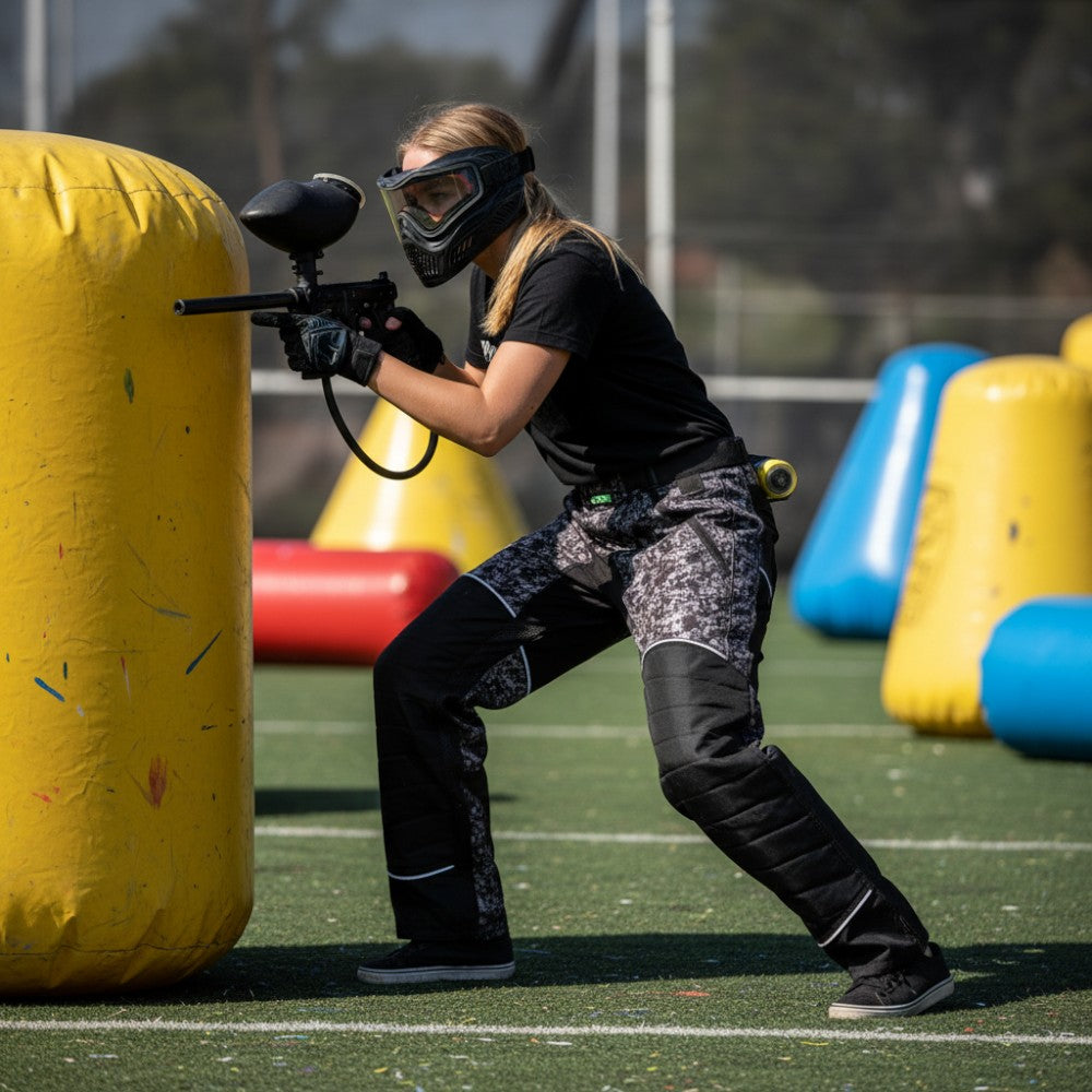 id-paintball Paintball Hose Skulls in Grau mit Polsterung an Knien und Becken bei einem Spiel auf dem Supair-Feld