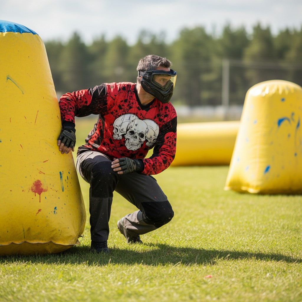 id-paintball Paintball-Jersey The Skulls in Rot mit Totenkopf-Design und Polsterung beim Spiel auf dem Feld