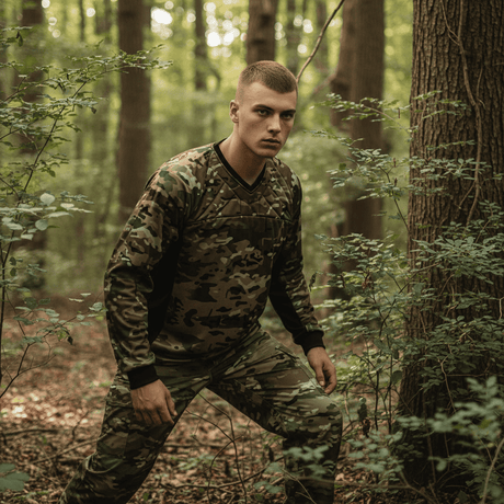 id-paintball Paintball Jersey in Wüstentarn-Camouflage mit Polsterung an Schultern und Brust in Waldumgebung