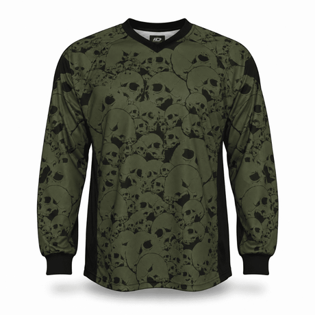 id-paintball The Skulls Oliv Paintball Trikot in Olivgrün mit Totenkopf-Muster, gepolstert und atmungsaktiv.