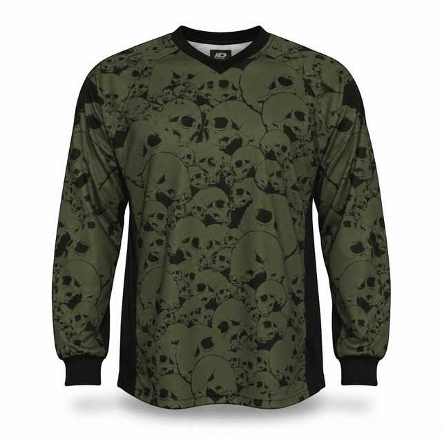 id-paintball The Skulls Oliv Paintball Trikot in Olivgrün mit Totenkopf-Muster, gepolstert und atmungsaktiv.