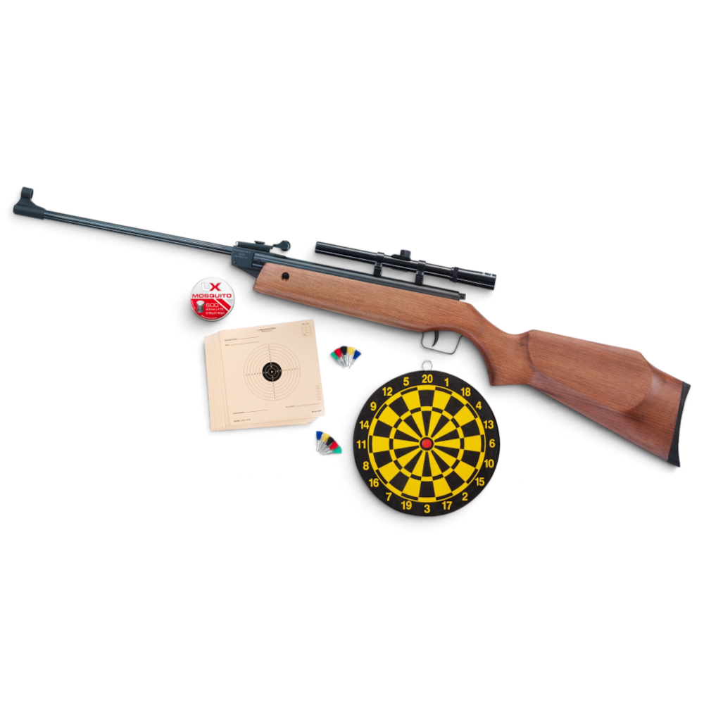 id-paintball Perfecta 45 Luftgewehr mit Holzschaft, Zielfernrohr, Diabolos, Zielscheiben und Dartscheibe im Set.