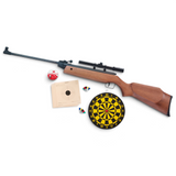 id-paintball Perfecta 45 Luftgewehr mit Holzschaft, Zielfernrohr, Diabolos, Zielscheiben und Dartscheibe im Set.