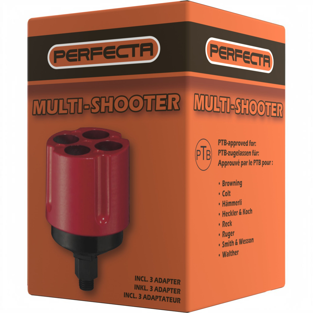 id-paintball Perfecta Multi-Shooter für 15 mm Pyro-Effekte in der Produktverpackung mit drei Adaptern