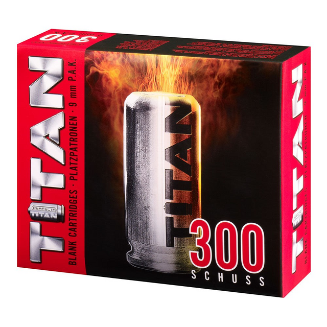 id-paintball Perfecta Titan 9 mm P.A.K. Platzpatronen in einer 300 Schuss Vorratspackung mit Feuer-Grafik
