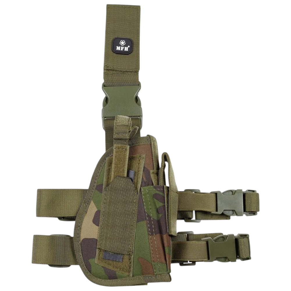 id-paintball Pistolenbeinholster in Camouflage mit Magazintasche, verstellbaren Gurten und Sicherungsriemen