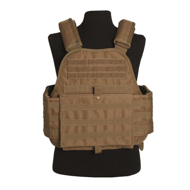 id-paintball Plate Carrier Weste in Coyote Braun mit Molle-System und Klettflächen auf einer Schaufensterpuppe