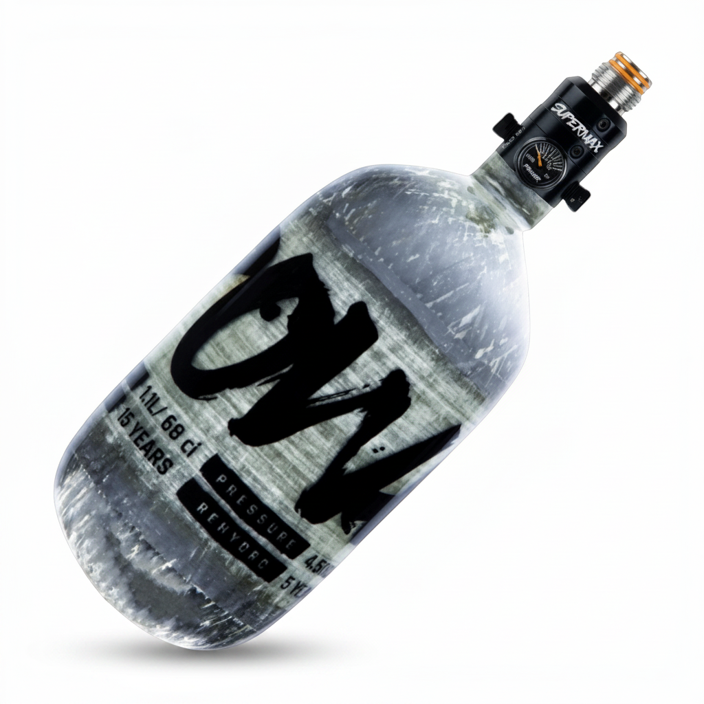 id-paintball PowAir Supermax Carbon HP-Flasche 1,1L 300 Bar mit Titan Pro Regulator für Paintball-Markierer