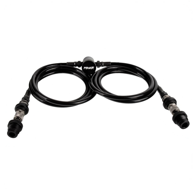id-paintball PowAir Double Hose HPA Remote System in Schwarz mit zwei Kevlar-Schläuchen und On/Off-Ventil