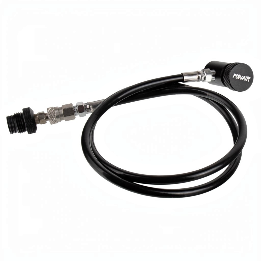 id-paintball PowAir Straight HPA Remote System in Schwarz mit 100 cm Schlauch, On/Off-Ventil und Schnellkupplung.