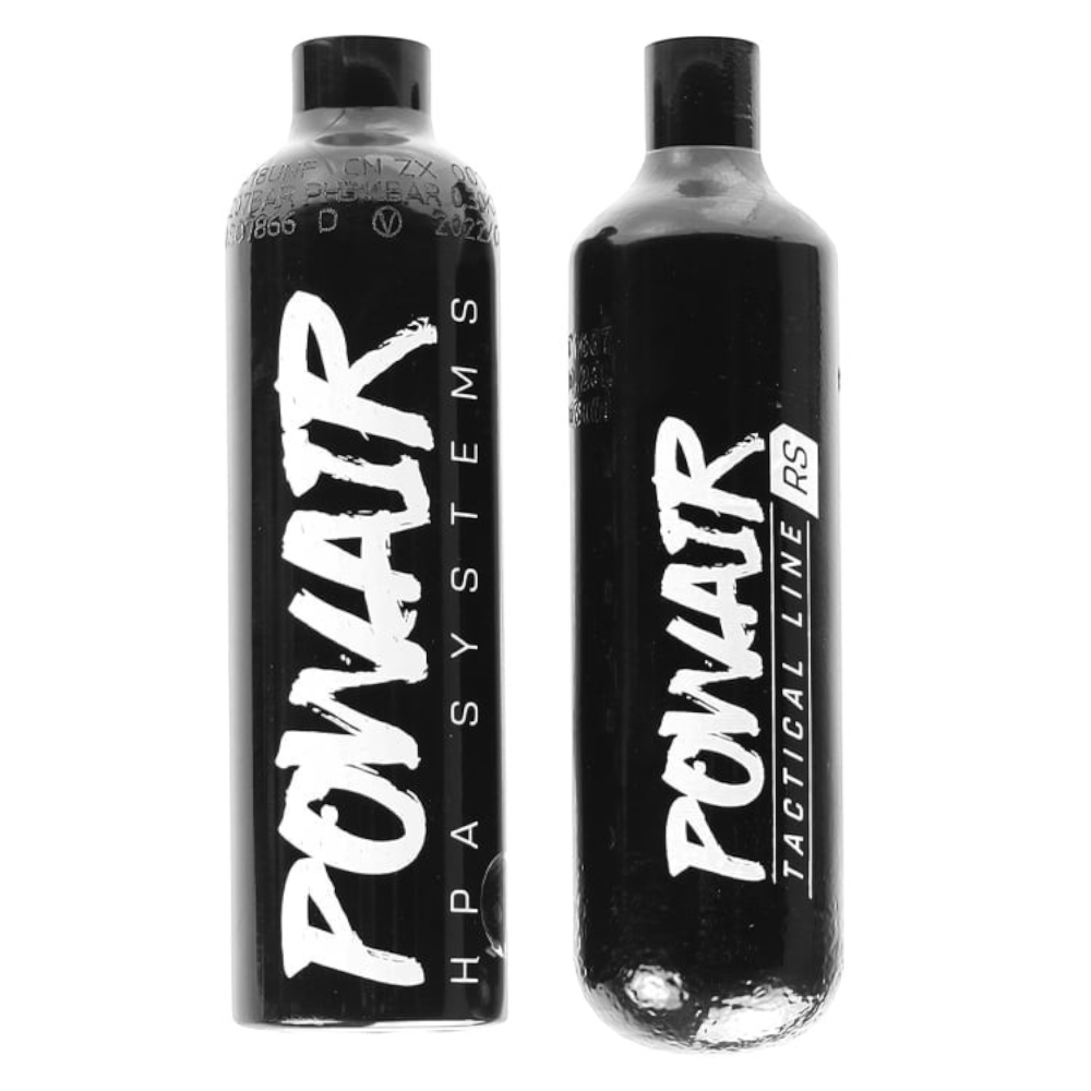 id-paintball POWAIR Tactical Line RS 0,23L 300 Bar HP System aus Stahl mit schwarzer Beschichtung und Logo-Aufdruck
