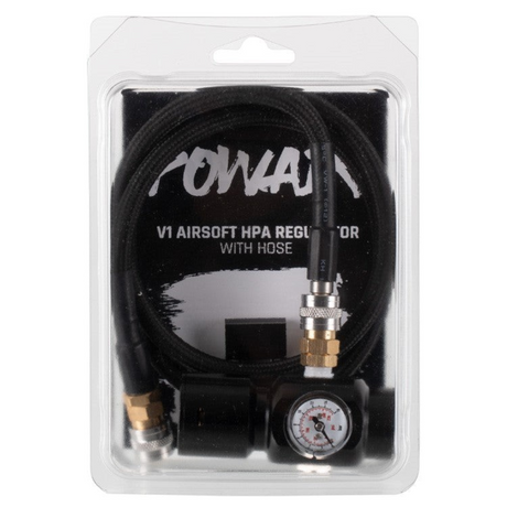 id-paintball PowAir V1 HPA Regulator mit schwarzem Schlauchsystem und Manometer in der Originalverpackung