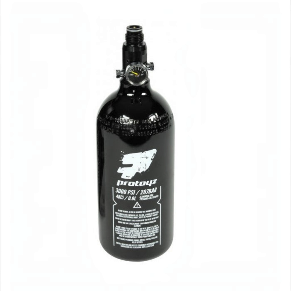 id-paintball Protoyz HP System 200 Bar 0,8L Aluminium-Flasche in Schwarz mit Regulator und Manometer
