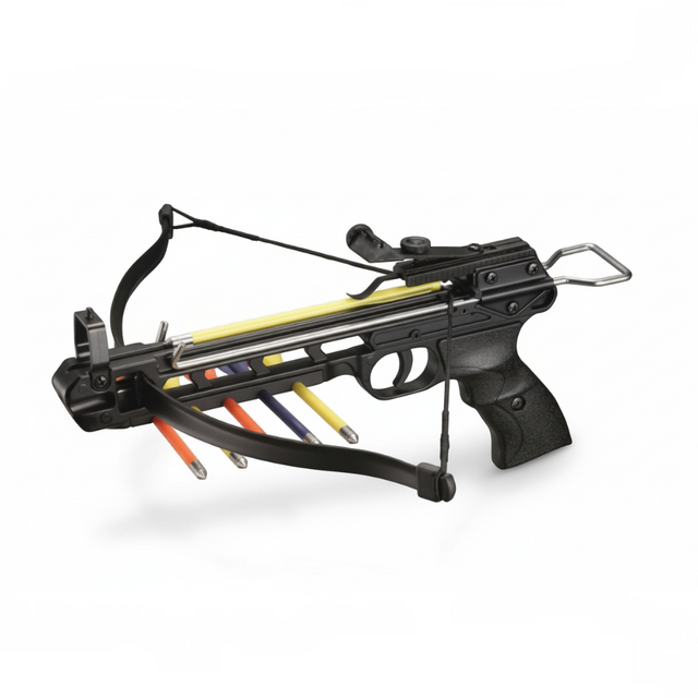 id-paintball Python 50 lbs Pistolenarmbrust in Schwarz mit Metallbogen und Bolzenhalterung auf weißem Hintergrund