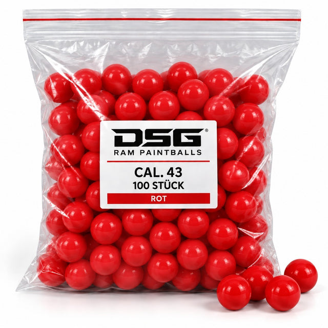 id-paintball DSG RAM Paintballs im Kaliber .43, 100 Stück in leuchtendem Rot in einer transparenten Kunststofftüte