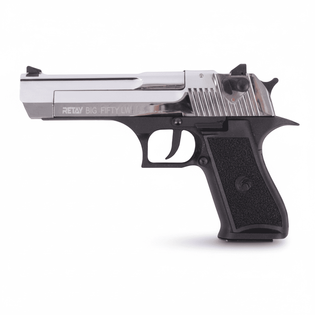 id-paintball Retay Big Fifty LW Schreckschusspistole in Chrom mit schwarzem Polymergriffstück