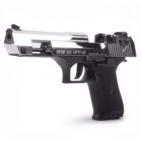 id-paintball Retay Big Fifty LW Schreckschusspistole in Chrom mit schwarzem Polymergriffstück auf weißem Hintergrund