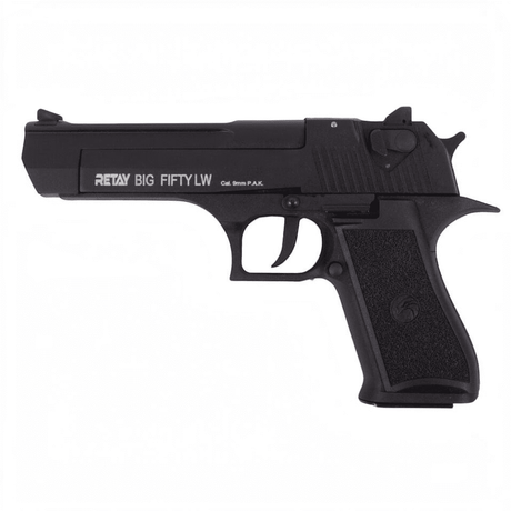 id-paintball Retay Big Fifty LW Schreckschusspistole in brüniertem Schwarz mit Polymer-Griffstück im Kaliber 9mm P.A.K.