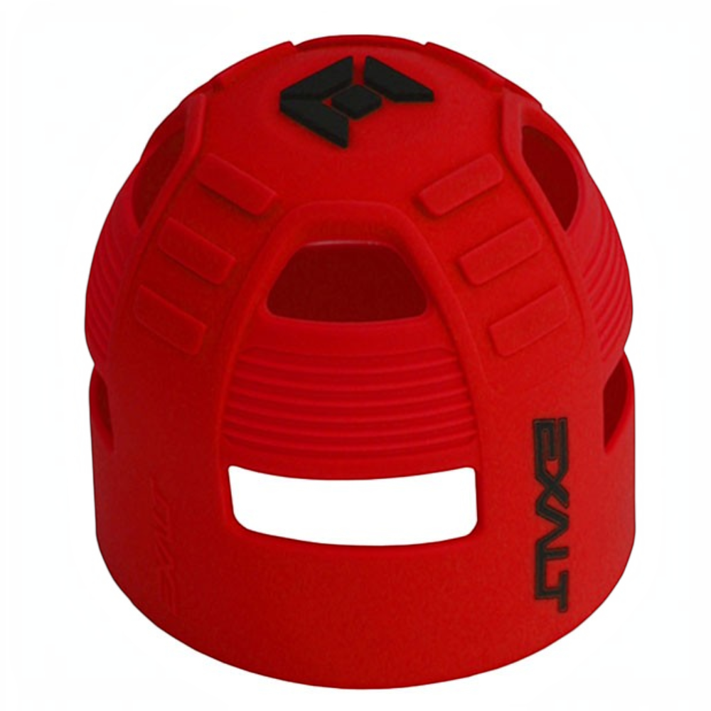 Roter Exalt Tank Grip aus Gummi für Paintball-Flaschen mit rutschfester Struktur und Logo-Detail von id-paintball