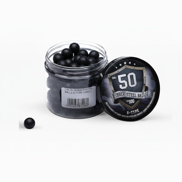 id-paintball Rubberballs Cal. 50 S-Typ aus Stahl-Gummi-Mischung in schwarzer Dose mit 100 Stück Inhalt