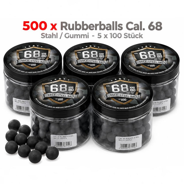 id-paintball 500 schwarze Rubberballs Kaliber 68 aus Stahl-Gummi-Gemisch in fünf Vorratsdosen für Paintball Markierer