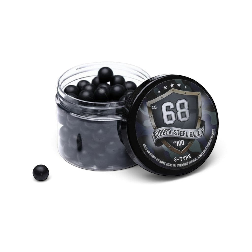 id-paintball Rubberballs Cal. 68 S-Typ aus Stahl-Gummi-Mischung in schwarzer Dose mit 100 Stück für Markierer