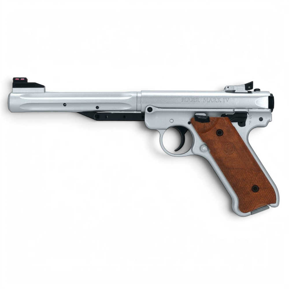 id-paintball Ruger Mark IV Federdruck-Luftpistole in Silber mit braunen Holzgriffschalen und Fiberoptik-Korn