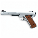 id-paintball Ruger Mark IV Federdruck-Luftpistole in Silber mit braunen Holzgriffschalen und Fiberoptik-Korn